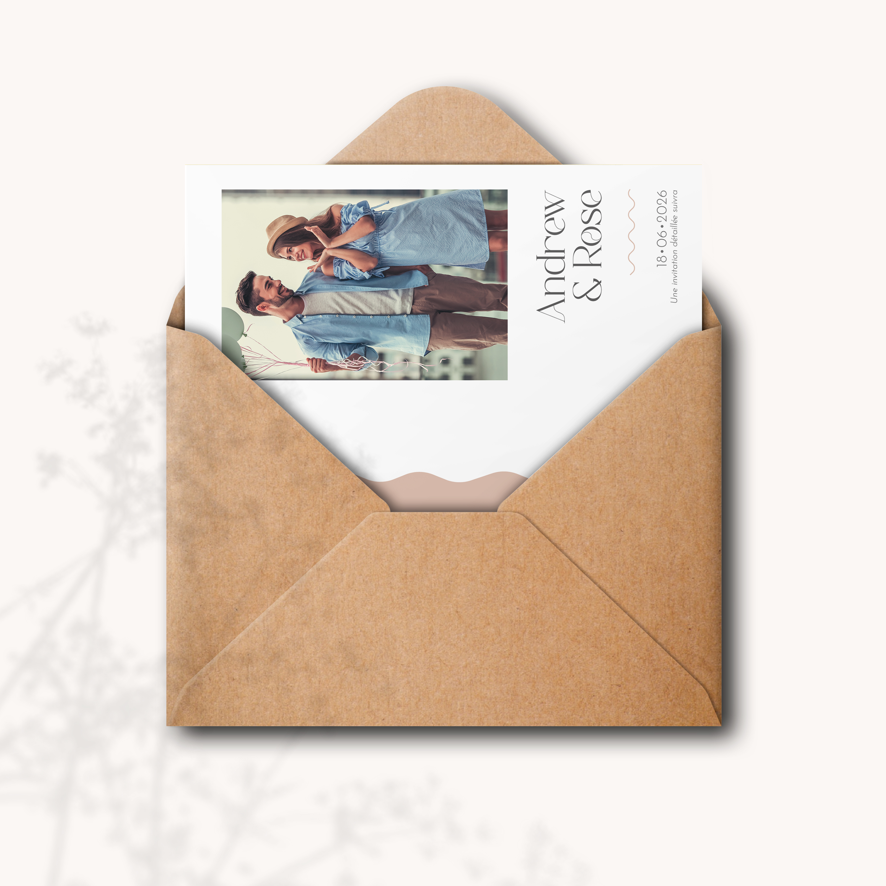 Wavy Save The Date - Cette invitation met en avant l’équilibre : dominante chromatique expressive mais mesurée, marges sobres, typographie claire. Nos créateurs ont pensé un design premium qui privilégie fluidité et cohérence. Vous nous transmettez le texte ; nous l’intégrons avec exactitude, harmonisons la palette et ajoutons un logo discret si souhaité. Entièrement digitale, elle atteint vos invités instantanément. Chaque élément – proportion, contraste, rythme – a été étudié pour une lecture élégante. Une correspondance sobre, moderne et raffinée.