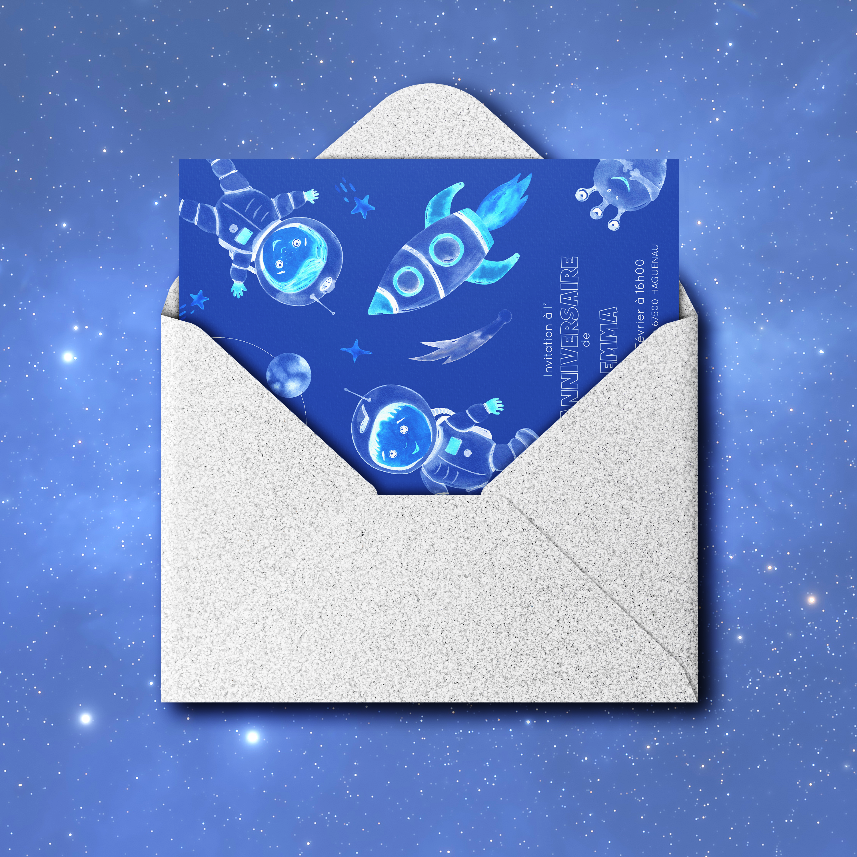 Cosmonaute En Air - Le modèle illustre une modernité tempérée : une couleur dominante douce, des marges sobres et une typographie claire. Nos illustrateurs signent un design premium qui privilégie la cohérence et l’équilibre. Nous assurons la personnalisation sur mesure : intégration du texte, ajustement des nuances, ajout d’un logo discret si nécessaire. Diffusée uniquement en numérique, l’invitation atteint vos invités immédiatement. Chaque choix – hiérarchie, contrastes, alignements – a été pensé pour préserver fluidité et élégance. Une correspondance contemporaine, fiable et raffinée.