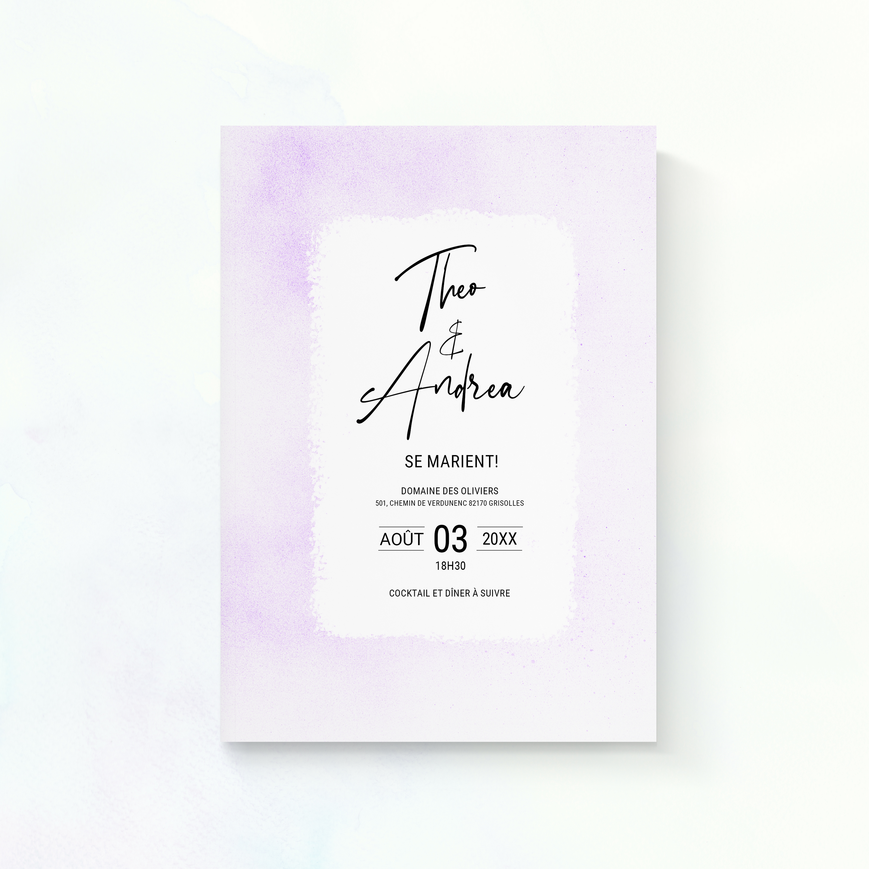 Aqua-Purple - Cette invitation valorise une dominante chromatique douce, équilibrée par une mise en page claire et une typographie posée. Nos créateurs ont imaginé une esthétique premium qui marie simplicité et élégance. Vous nous confiez le texte ; nous l’intégrons avec soin, ajustons la palette et ajoutons un logo discret si besoin. 100% digitale, elle atteint vos invités instantanément. Chaque détail – proportions, alignements, marges – a été pensé pour préserver fluidité et raffinement. Une correspondance contemporaine, simple et durable.