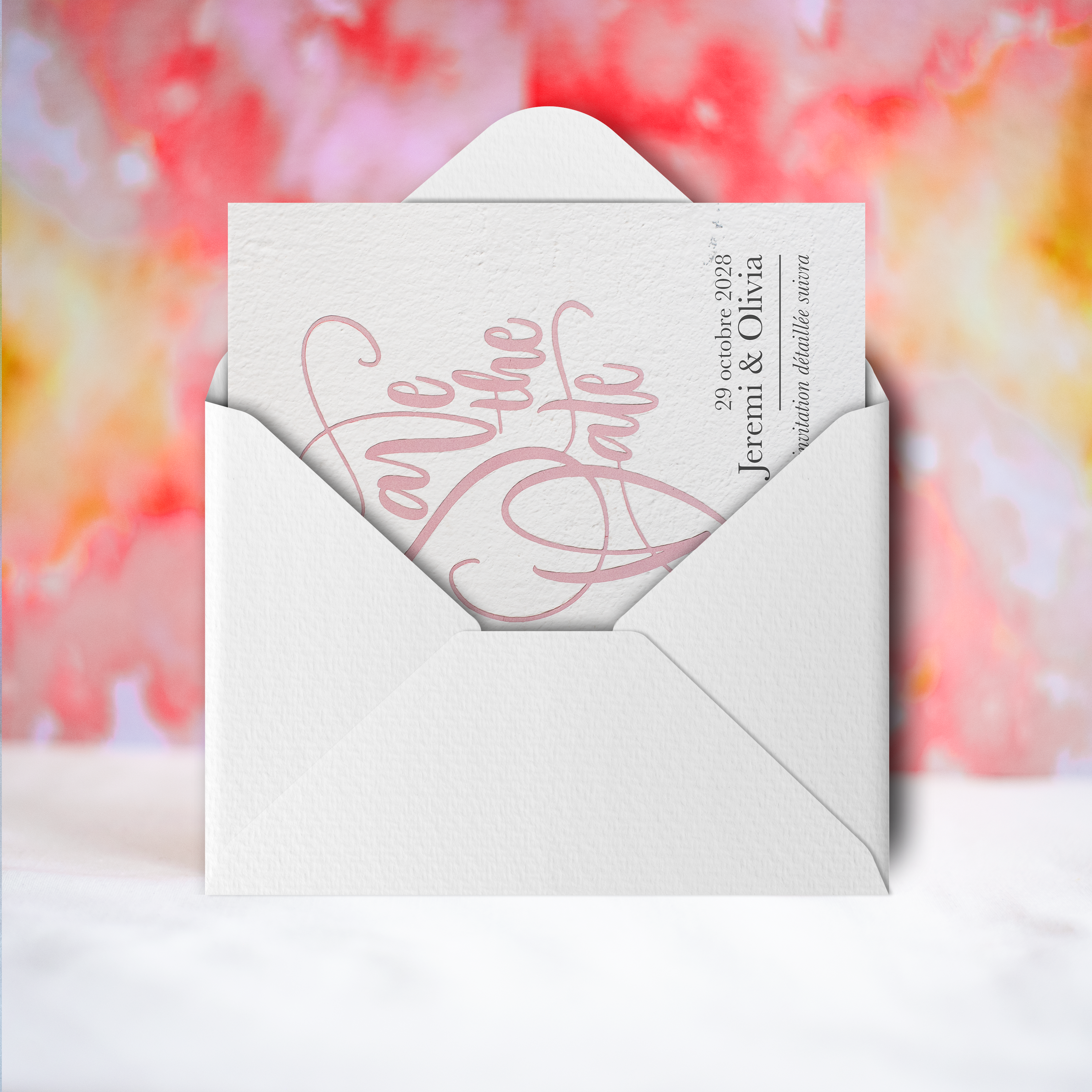 Save The Date Au Mur - Cette invitation met en lumière une dominante chromatique affirmée, équilibrée par une mise en page sobre et une typographie claire. Nos créateurs ont conçu une esthétique premium qui associe rigueur et élégance. Nous assurons la personnalisation complète : vous nous transmettez votre texte, nous l’intégrons avec exactitude, harmonisons les couleurs et ajoutons un logo discret. Diffusée exclusivement en digital, elle atteint vos invités immédiatement. Chaque détail – cadence, hiérarchie, contrastes – a été calibré pour une fluidité durable. Une correspondance contemporaine, droite et raffinée.