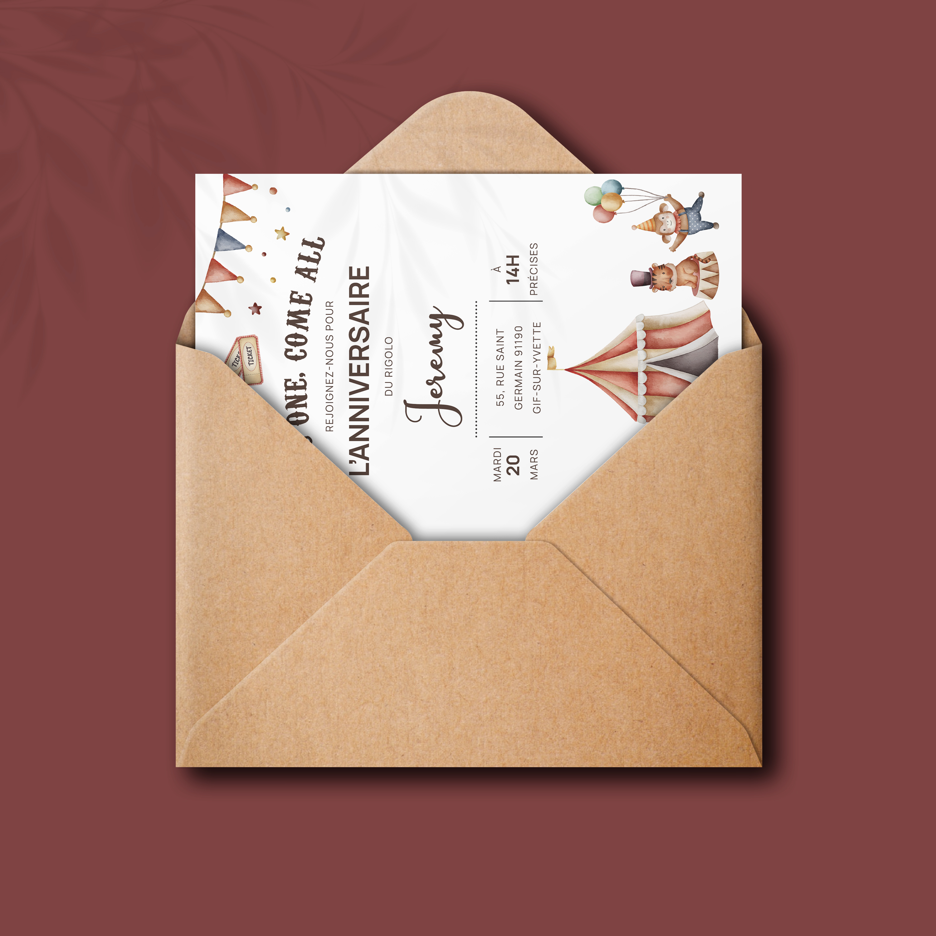 Drôle De Cirque - Le dessin met en avant une modernité posée : dominante chromatique douce, marges équilibrées, typographie claire. Nos illustrateurs signent une invitation premium qui associe retenue et précision. Nous assurons la personnalisation complète : vous nous confiez le texte, nous le composons, harmonisons les couleurs et ajoutons un logo discret. Entièrement digitale, elle se partage instantanément. Les proportions stables, la hiérarchie lisible et la cadence typographique composent une élégance tranquille, propice aux annonces comme aux invitations.