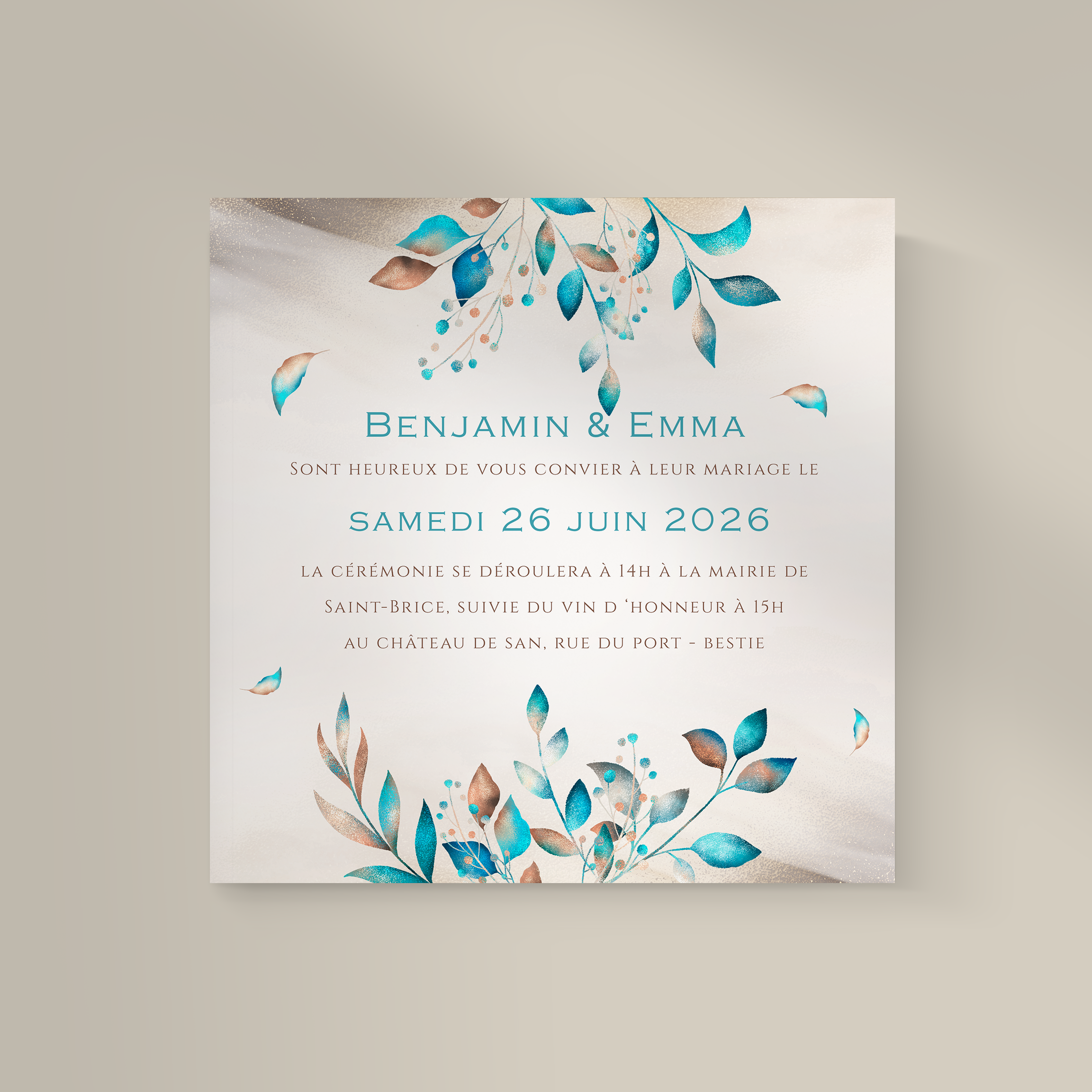 Turquoise - Pensée comme une composition mesurée, cette invitation associe une dominante chromatique expressive à une typographie équilibrée. L’ensemble met vos mots en valeur dans un cadre contemporain. Nos illustrateurs ont privilégié la précision et la sobriété pour préserver l’émotion du message. Vous nous confiez votre texte ; nous le composons avec exactitude, ajustons les nuances et ajoutons un logo discret si besoin. Diffusée uniquement en version digitale, elle atteint vos destinataires sans délai. Chaque détail – rythme, proportions, marges – contribue à la lisibilité et à l’harmonie générale. Une correspondance premium, simple et élégante, faite pour accompagner vos annonces importantes.