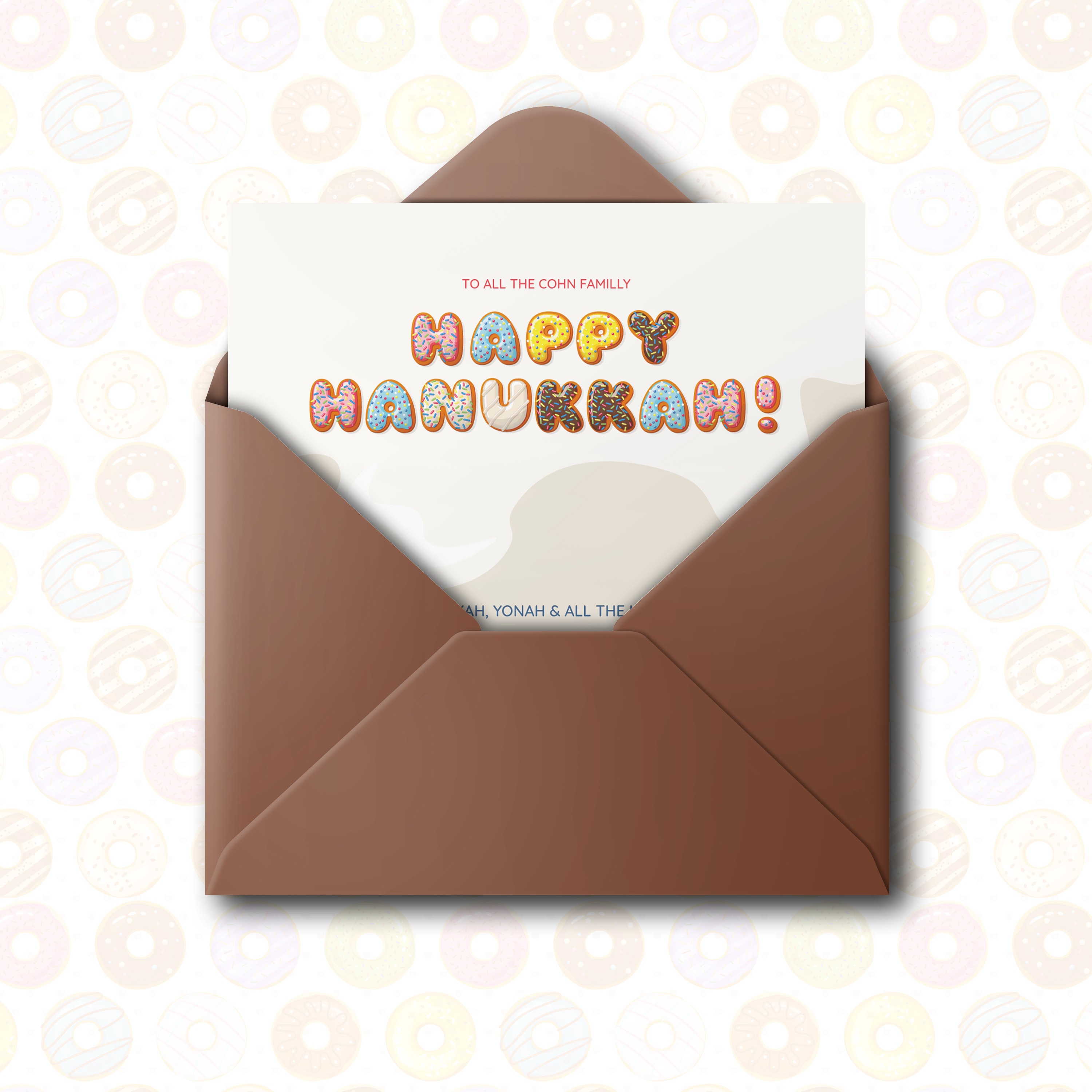 Happy Hanukkah Donut - הזמנה זו מעדיפה מודרניות עדינה גוון דומיננטי מואר שוליים מאוזנים וטיפוגרפיה ברורה. היוצרים שלנו עיצבו אסתטיקה פרימיום המשלבת פשטות ועידון. אנו מבצעים התאמה אישית שילוב טקסט כיוון ניואנסים ותוספת לוגו עדין. בדיגיטל בלבד היא מגיעה מיד לנמענים. כל פרמטר היררכיה פרופורציות וניגודים תוכנן לשימור זרימה ואלגנטיות. התכתבות עכשווית אמינה ומאוזנת.