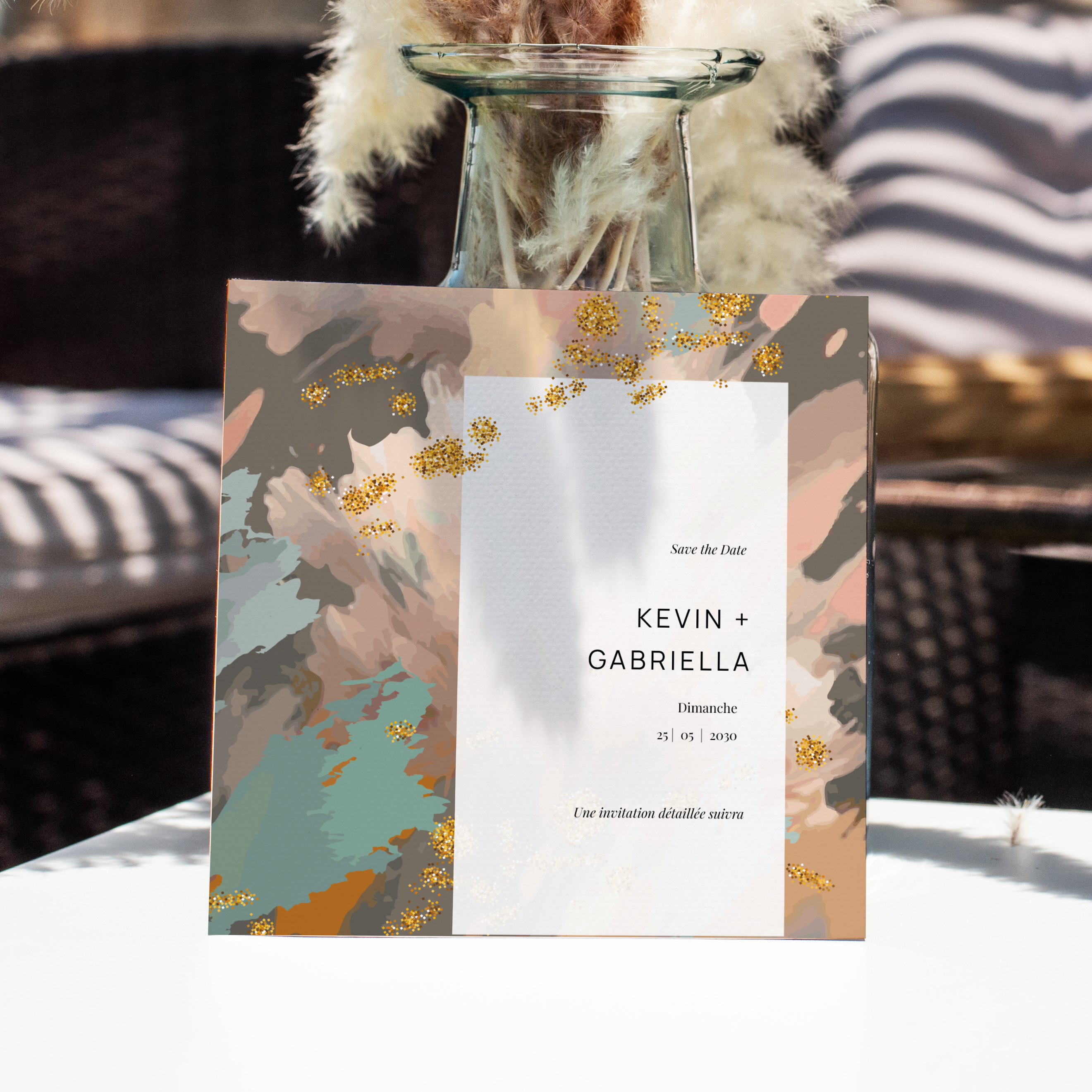 Golden Powder Std - Le dessin met en valeur une dominante chromatique douce, renforcée par des marges aérées et une typographie nette. Nos illustrateurs ont voulu une présence premium qui laisse vos mots s’exprimer. Nous réalisons la personnalisation : vous nous envoyez votre texte, nous le composons, harmonisons la palette et ajoutons un logo discret. Diffusée exclusivement en digital, elle atteint vos invités sans délai. Chaque paramètre – hiérarchie, proportions, contrastes – a été calibré pour préserver fluidité et élégance. Une correspondance contemporaine, simple et élégante.