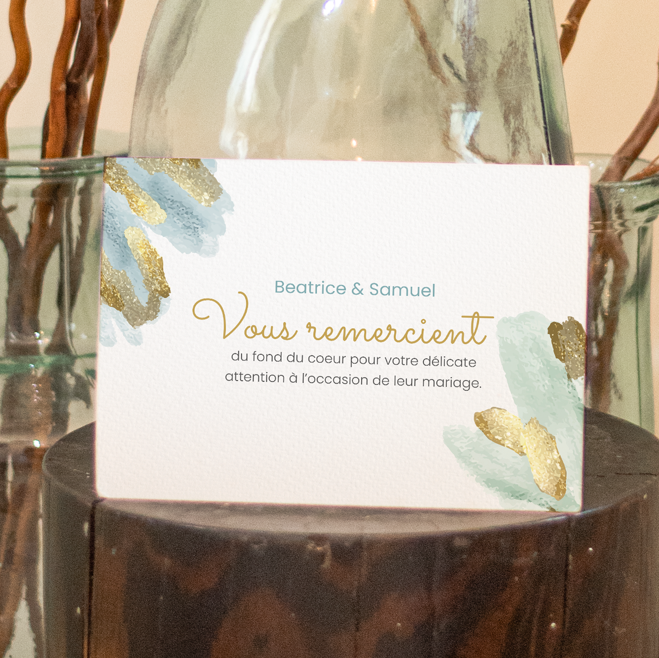 Blue Paint Thanks - The drawing asserts balanced aesthetics: a calm dominant color, sober margins, and clear typography. Our creators envisioned a premium invitation that values measure. We handle full personalization: you send us the text; we integrate it accurately, harmonize the palette, and add a discreet logo. Fully digital, it reaches your guests without delay. Every choice—proportions, alignments, cadence—was designed to preserve flow and elegance. A contemporary, simple, refined correspondence.