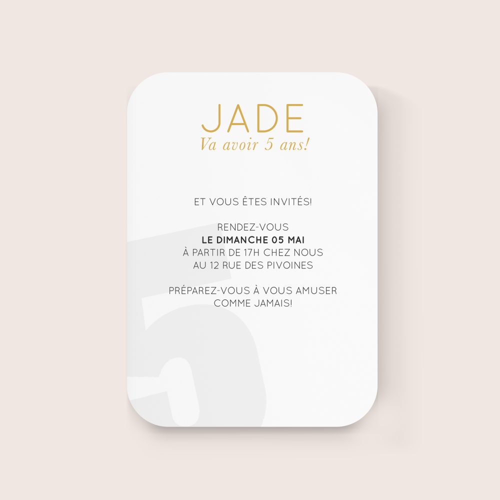 Number Card 5 - This invitation sets a clear, calm atmosphere with a soft dominant hue, balanced margins, and careful typography. Our creators favored coherence and simplicity to give your words a crisp, elegant space. We deliver full personalization: you send us the text; we integrate it precisely, harmonize the palette, and add a discreet logo if desired. Exclusively digital, it reaches your guests instantly. Every detail—alignment, contrasts, proportions—was designed for readability and flow. A premium, contemporary, reliable correspondence accompanying your announcements with distinction.