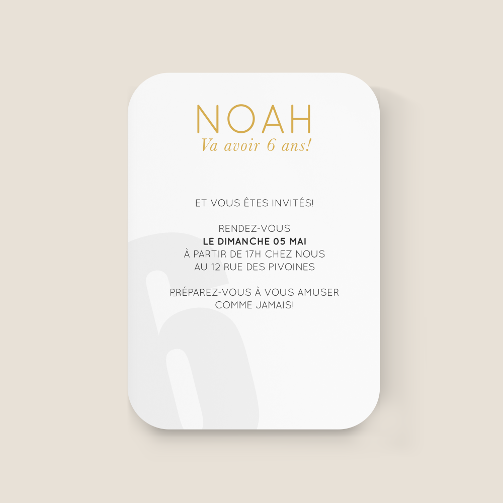 Number Card 6 - Le modèle valorise une esthétique sobre : couleur dominante affirmée mais mesurée, marges sobres, typographie claire. L’ensemble compose un cadre premium qui met vos mots en avant sans surcharge. Conçue par nos illustrateurs, l’invitation reflète une modernité discrète et raffinée. Nous assurons la personnalisation : intégration du texte, harmonisation des teintes, ajout d’un logo discret. Entièrement digitale, elle atteint vos invités immédiatement. Chaque élément – rythme visuel, hiérarchie, proportions – a été étudié pour assurer lisibilité et élégance. Une correspondance contemporaine, fiable et sobre.
