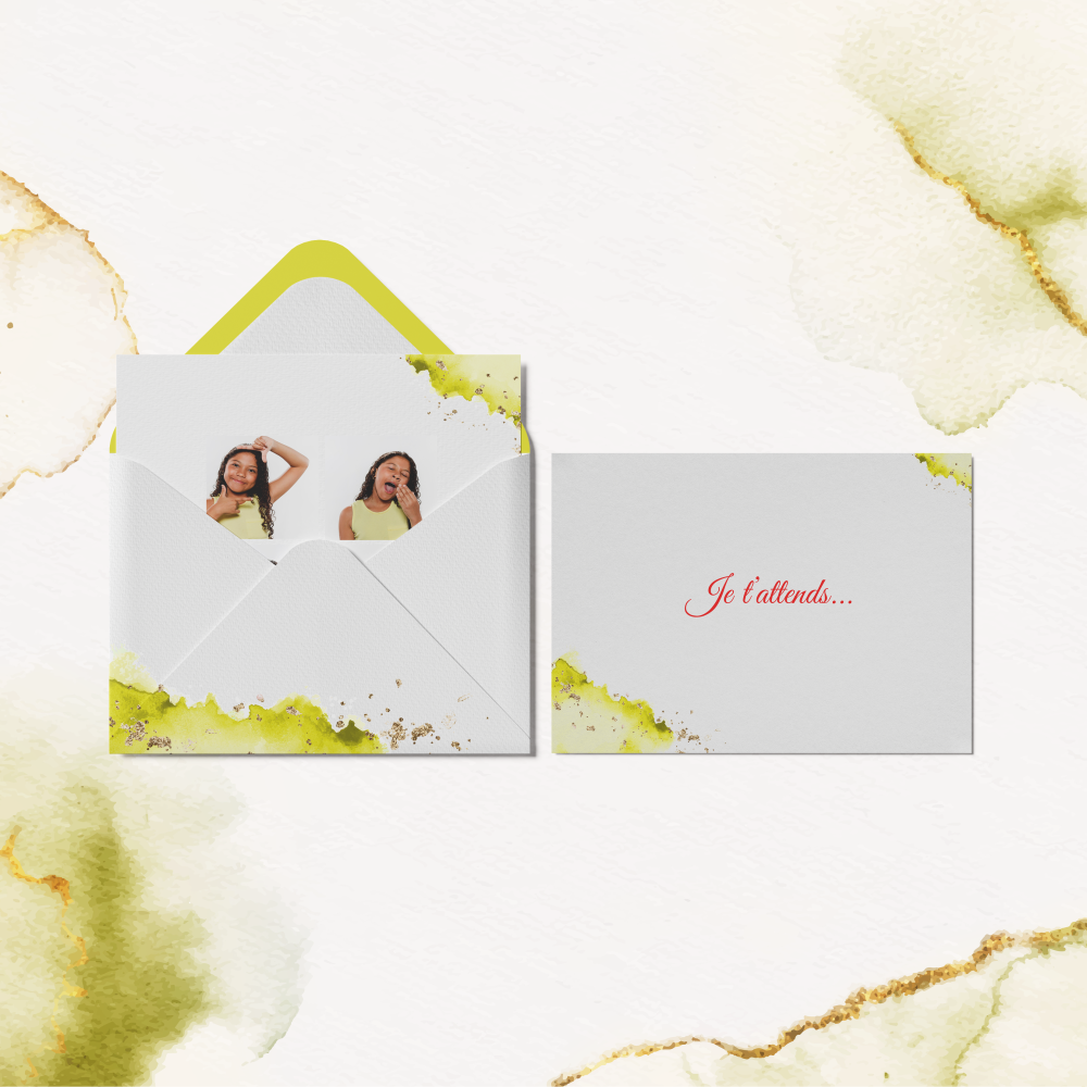 Aqua Ink Yellow - Ici, la composition assume une modernité douce : aplats maîtrisés, contours aériens, équilibre entre rythme visuel et lisibilité du message. Cette invitation a été conçue pour vos annonces essentielles, lorsqu’on souhaite unir clarté, raffinement et efficacité. Nous gérons la personnalisation complète : vous nous transmettez votre texte, nous le mettons en page, ajustons les couleurs et ajoutons votre logo si nécessaire. Diffusée en version digitale uniquement, elle rejoint vos destinataires sans délai. Le parti pris esthétique reste mesuré, évitant la surenchère pour préserver l’émotion juste. Une création sur mesure qui offre à vos mots un écrin actuel et subtil, idéale pour marquer une date, célébrer, inviter ou annoncer avec distinction. 
