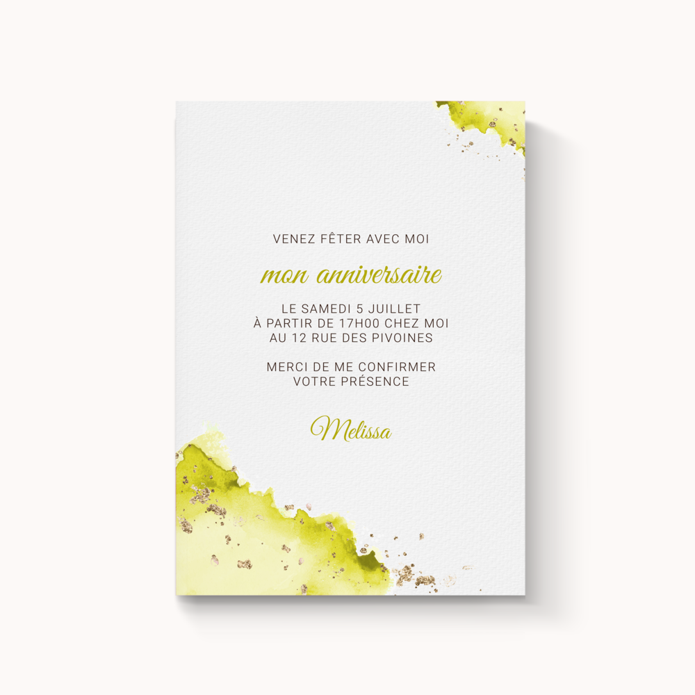 Aqua Ink Yellow - Ici, la composition assume une modernité douce : aplats maîtrisés, contours aériens, équilibre entre rythme visuel et lisibilité du message. Cette invitation a été conçue pour vos annonces essentielles, lorsqu’on souhaite unir clarté, raffinement et efficacité. Nous gérons la personnalisation complète : vous nous transmettez votre texte, nous le mettons en page, ajustons les couleurs et ajoutons votre logo si nécessaire. Diffusée en version digitale uniquement, elle rejoint vos destinataires sans délai. Le parti pris esthétique reste mesuré, évitant la surenchère pour préserver l’émotion juste. Une création sur mesure qui offre à vos mots un écrin actuel et subtil, idéale pour marquer une date, célébrer, inviter ou annoncer avec distinction. 