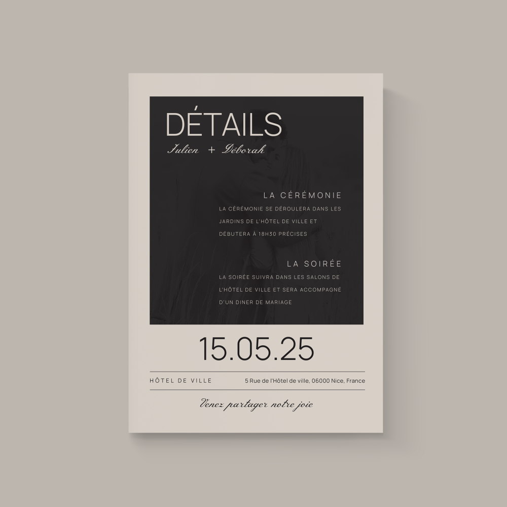 Rustique élégant - Cette invitation met en avant la modernité par la simplicité : une couleur dominante posée comme un accent clair, des proportions justes et une typographie précise. L’ensemble crée une atmosphère élégante et mesurée, idéale pour vos annonces. Réalisée par nos illustrateurs, elle valorise l’essentiel : lisibilité et sobriété graphique. Vous nous confiez votre texte ; nous l’intégrons avec exactitude, harmonisons les teintes et ajoutons un logo discret si nécessaire. Envoyée exclusivement en version digitale, elle parvient instantanément à vos invités. Sa force réside dans l’équilibre subtil entre détail graphique et retenue esthétique. Une correspondance premium, intemporelle et raffinée.