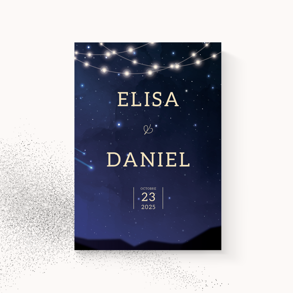 Nuit Bleue étoilée - יצירה זו מדגישה גוון דומיננטי מואר במסגרת יישורים מדויקים וטיפוגרפיה מוקפדת. פרופורציות רגועות במכוון מעניקות מסגרת עכשווית להכרזה. המאיירים שלנו בחרו אסתטיקה נקייה ללא אפקטים מיותרים כדי לאפשר לרגש לעלות. אתם מוסרים את הטקסט ואנו מעצבים אותו בדיוק מאזנים את הפלטה ומוסיפים לוגו עדין לפי רצון. בדיגיטל בלבד ההזמנה מגיעה מיד לאורחים. הסגנון מאמץ איפוק ומשמעת להשפעה נקייה ואלגנטית. התכתבות יוקרתית ועכשווית ההופכת מסר למחווה שקולה.