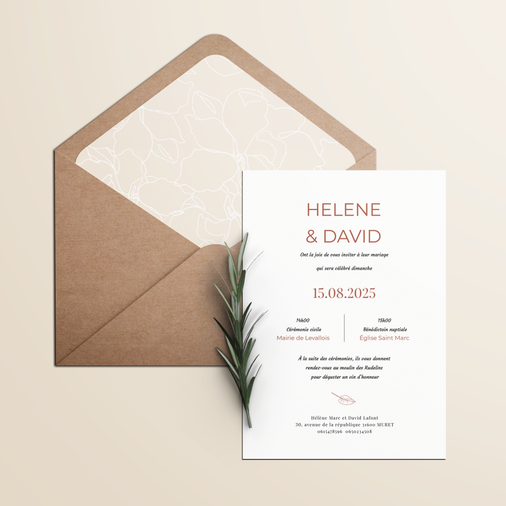 Rouille - With this model, modernity is expressed through clear, disciplined graphics and a dominant color that supports your words with contained intensity. Regular proportions and measured typography create a contemporary, sober frame. Designed by our illustrators, the invitation privileges restraint and lasting elegance. You share your text; we integrate it precisely, harmonize the palette, and add a discreet logo if needed. Exclusively digital, it reaches your guests instantly and allows elegant sharing. Every detail—margins, contrasts, alignments—was crafted to provide a premium, reliable, refined presence. A modern, timeless correspondence to announce with clarity and distinction.