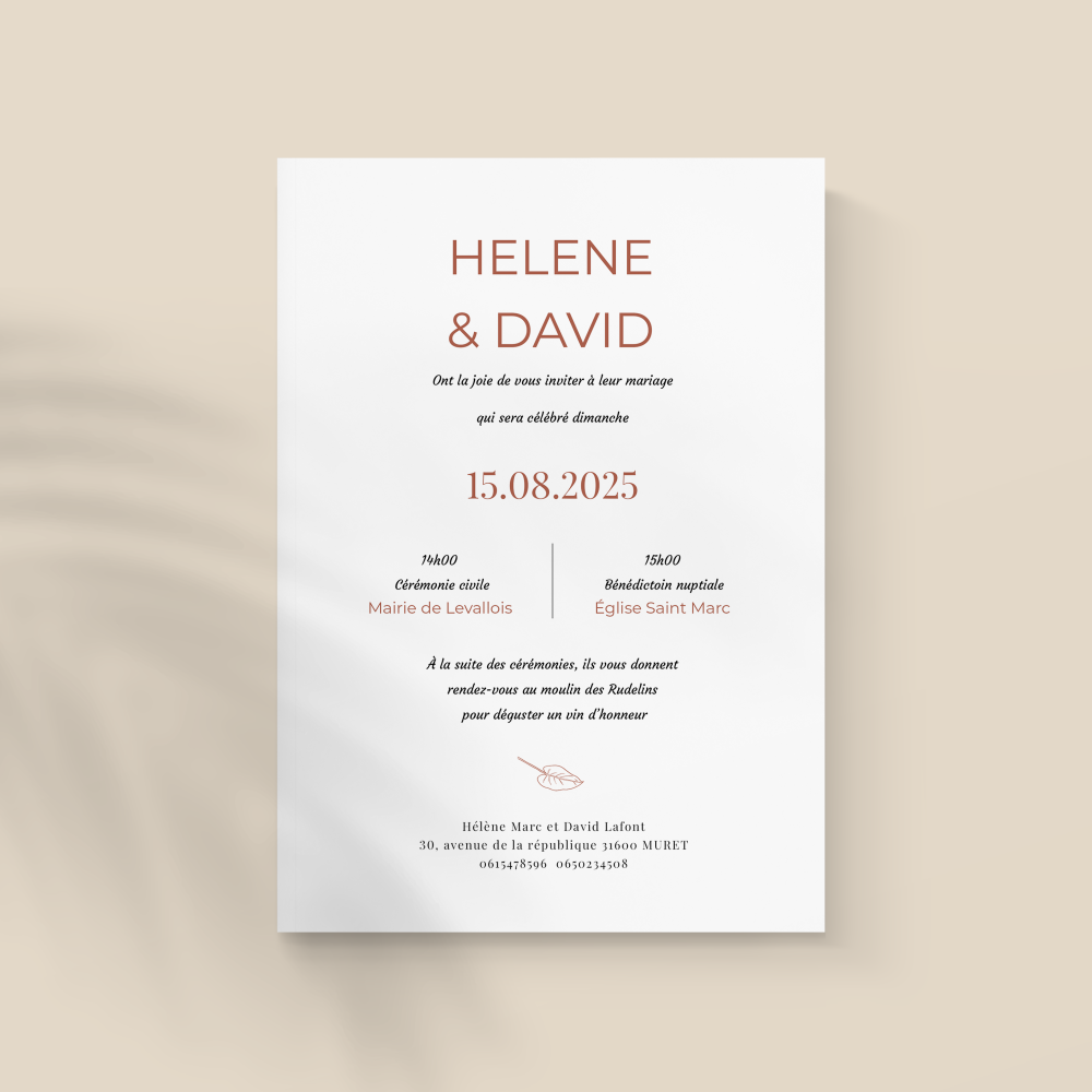 Rouille - With this model, modernity is expressed through clear, disciplined graphics and a dominant color that supports your words with contained intensity. Regular proportions and measured typography create a contemporary, sober frame. Designed by our illustrators, the invitation privileges restraint and lasting elegance. You share your text; we integrate it precisely, harmonize the palette, and add a discreet logo if needed. Exclusively digital, it reaches your guests instantly and allows elegant sharing. Every detail—margins, contrasts, alignments—was crafted to provide a premium, reliable, refined presence. A modern, timeless correspondence to announce with clarity and distinction.