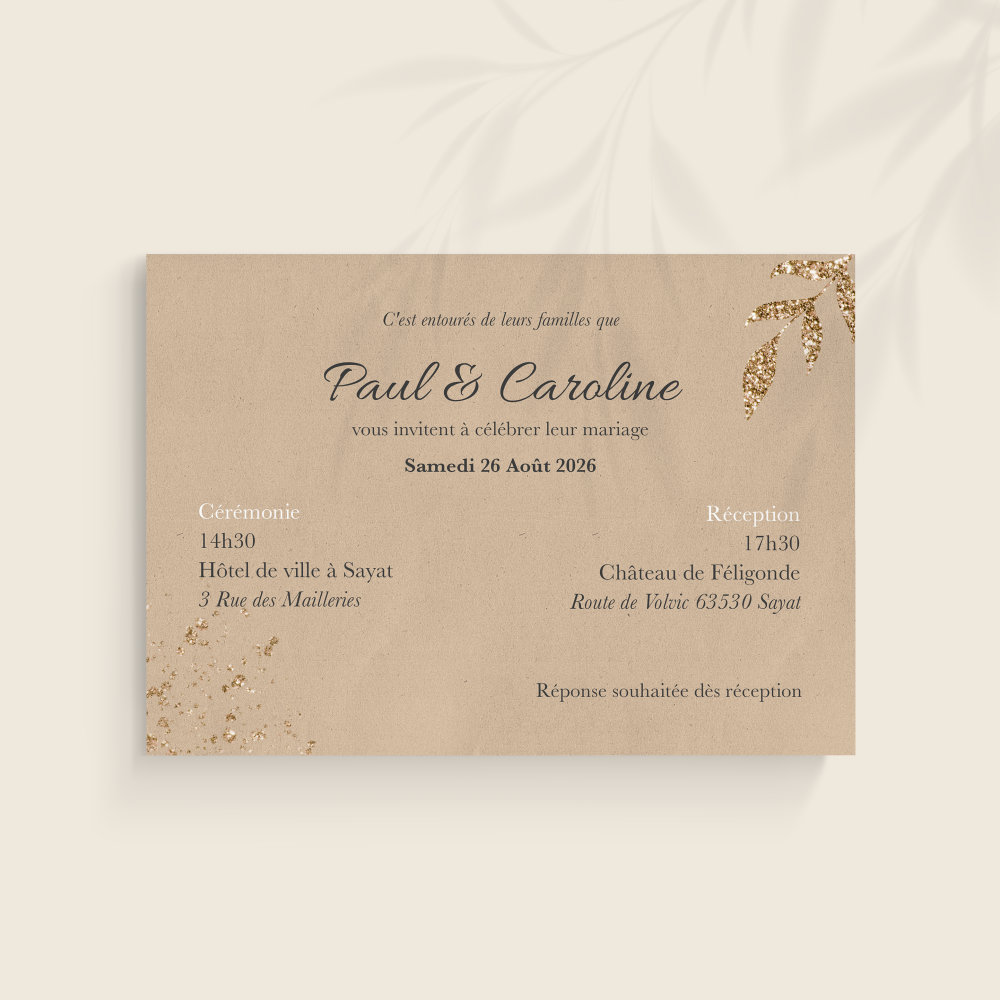 Craft And Gold - Le modèle met en scène une modernité sobre : dominante chromatique au timbre serein, structure régulière, respiration typographique maîtrisée. Nos créateurs ont privilégié l’épure pour donner de l’ampleur à vos mots et une cohérence durable à l’ensemble. Nous prenons en charge la personnalisation sur mesure : intégration du texte, réglage des teintes, ajout d’un logo discret selon vos souhaits. Diffusée uniquement en numérique, l’invitation parvient sans délai à vos invités. La force du design tient à la précision des marges, au tempo des blancs et à la justesse des contrastes. Une correspondance premium, droite et élégante, faite pour vos annonces essentielles.