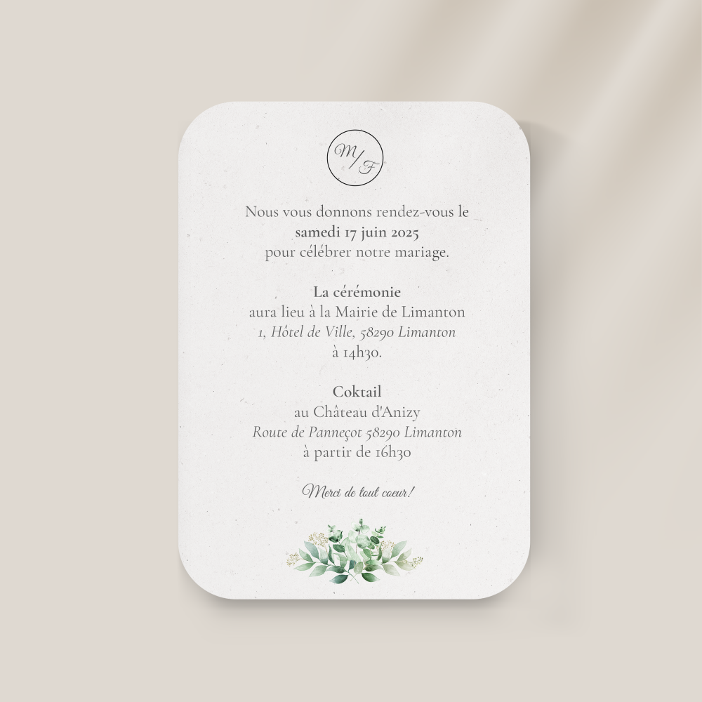 Eucalyptus Frame - This invitation unfolds within a restrained palette where the dominant color brings gentle light. Regular structure and poised typography compose a premium frame attentive to readability. We provide full personalization: text integration, tone adjustments, and a discreet logo as desired. Delivered exclusively digitally, it reaches your guests instantly. Every detail—white-space breathing, margin balance, contrast—was considered for lasting elegance. A modern, reliable, elegant correspondence.