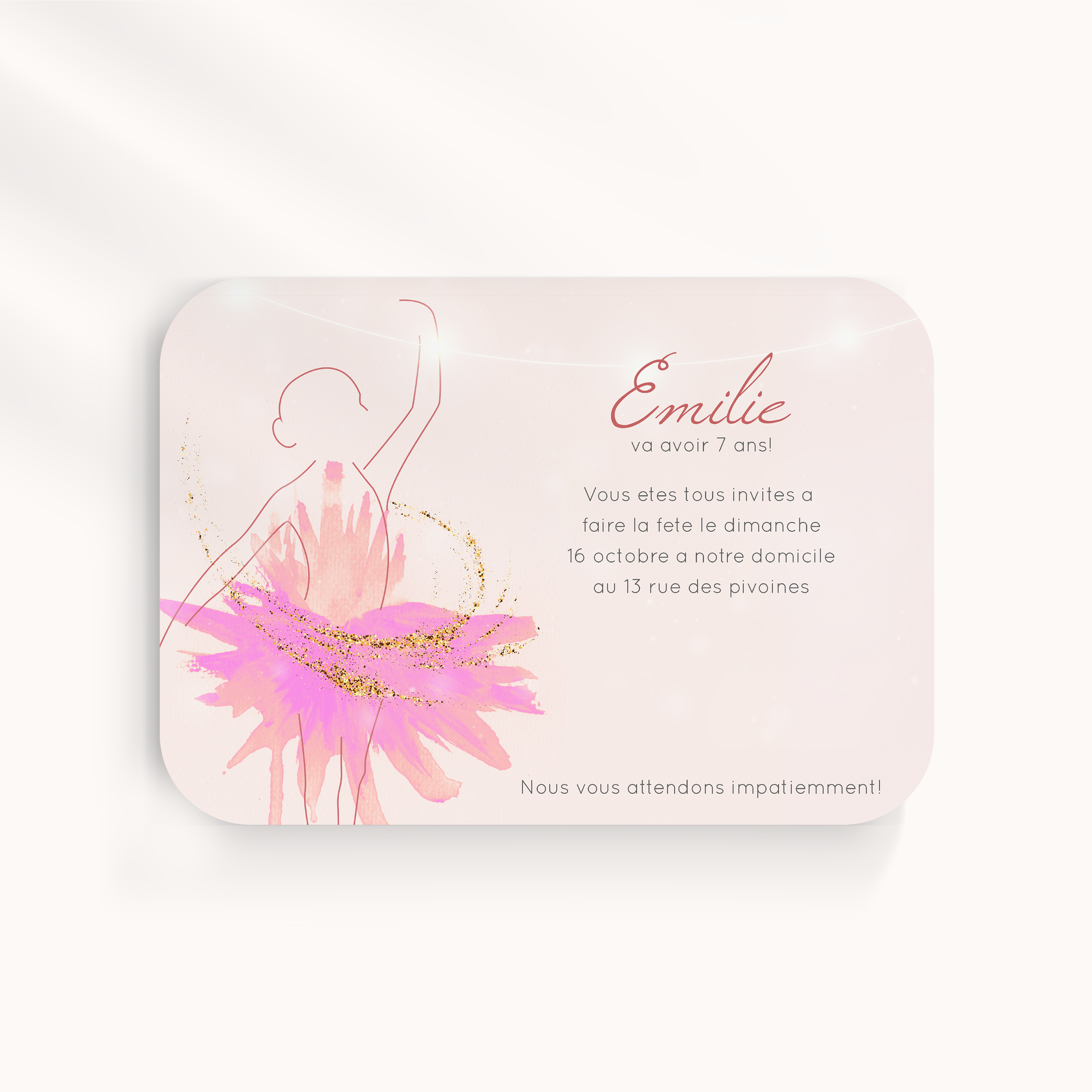 Bailar Ballet - Cette invitation met en scène une dominante chromatique apaisée, articulée par des marges sobres et une typographie claire. Nos créateurs ont façonné un équilibre premium qui laisse parler l’essentiel. Vous nous envoyez le texte ; nous le composons avec précision, harmonisons les couleurs, ajoutons un logo discret au besoin. Diffusée exclusivement en numérique, elle atteint vos invités instantanément. Chaque paramètre – interlignes, proportions, contraste – a été calibré pour une élégance durable. Une correspondance droite, simple et raffinée.