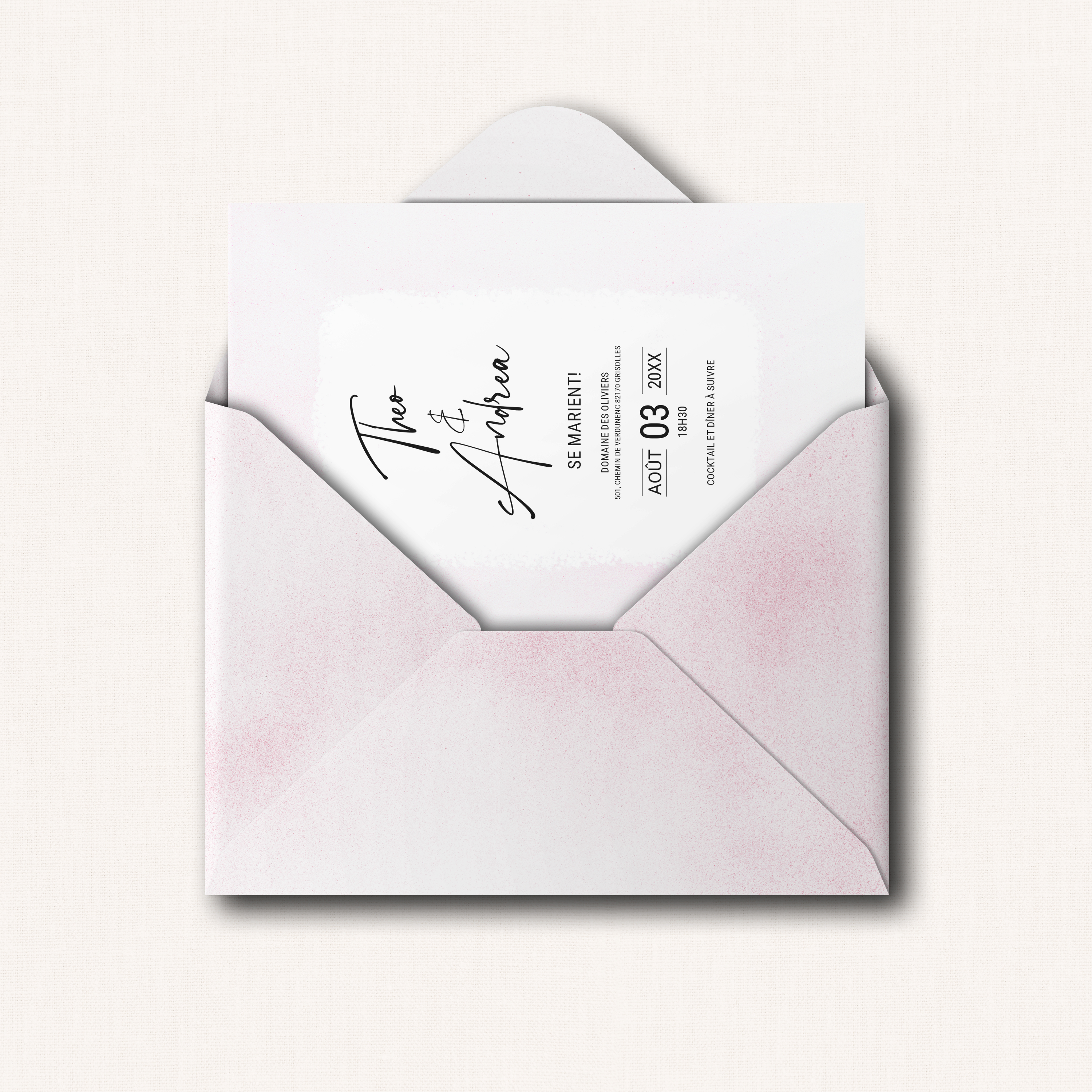 Aqua-pink - Le dessin privilégie la lisibilité essentielle : dominante chromatique claire, marges aérées, typographie précise. Nos illustrateurs ont conçu un modèle premium où la mesure devient signature. Nous assurons la personnalisation sur mesure : intégration de votre texte, harmonisation des teintes, ajout d’un logo discret. Entièrement digitale, l’invitation parvient immédiatement à vos invités. Chaque choix – hiérarchie, contrastes, proportions – a été calibré pour une élégance durable. Une correspondance contemporaine, simple et raffinée.